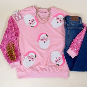 Pink Santa Sweatshirt with Sequin Sleeves